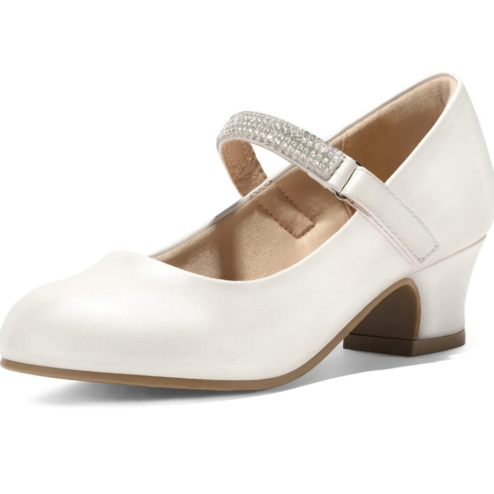 Kids 2 white high heel with rhinestone velcro strap
